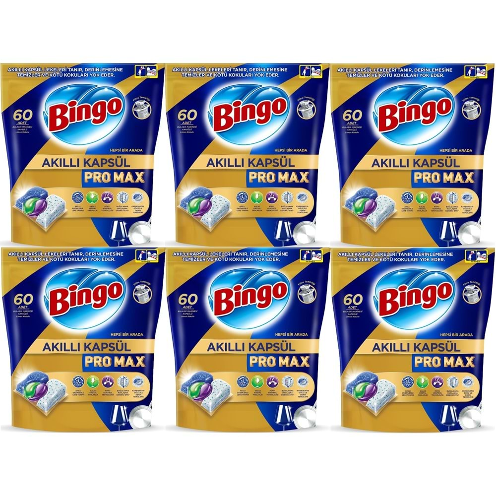 Bingo Akıllı Kapsül Pro Max Bulaşık Makinesi Deterjanı Tableti 360 Adet Limon Kokulu (6PK*60)