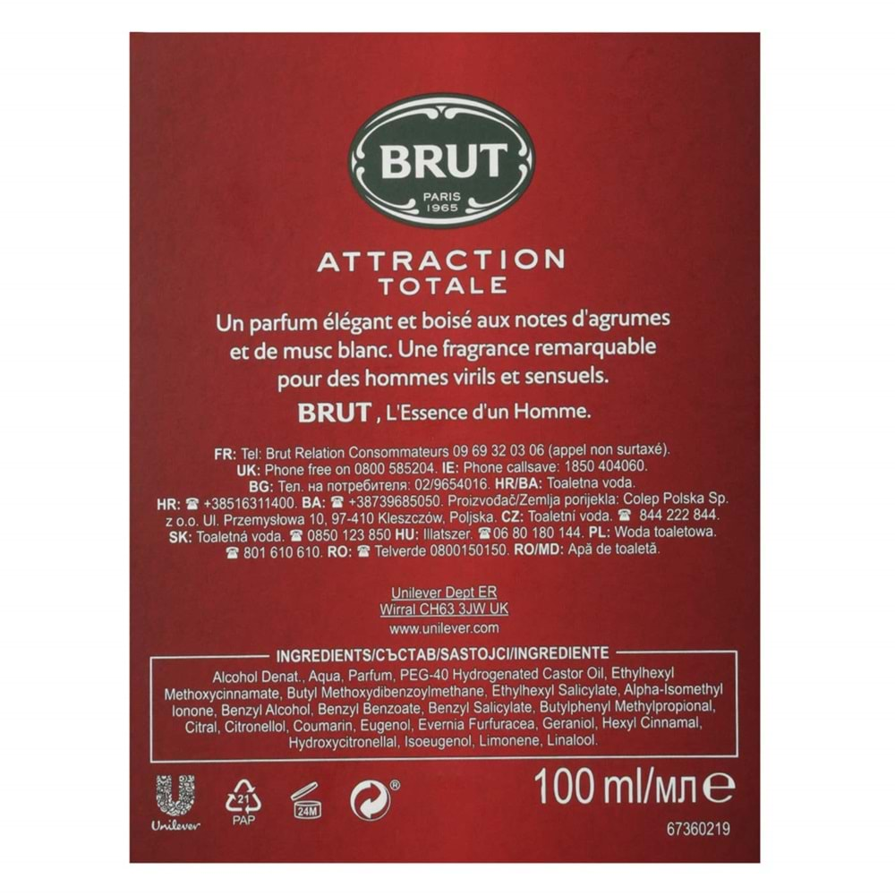 Brut Parfüm Erkek/Men 100ML Attraction Totale Edt (Kırmızı) (2 Li Set)