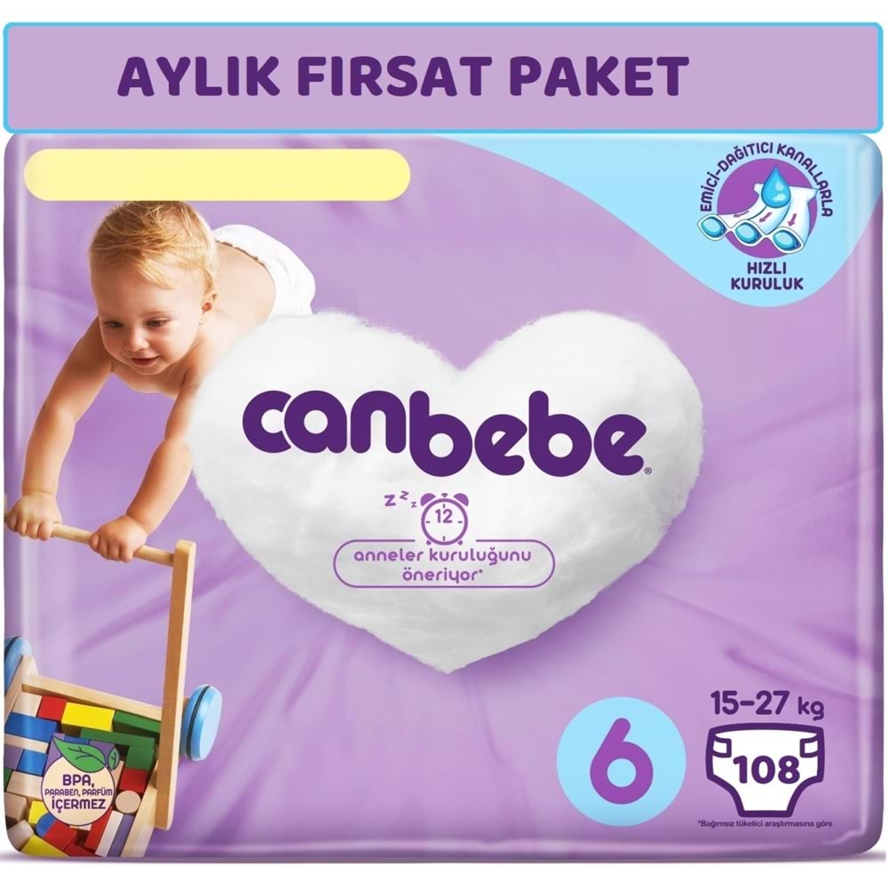 Canbebe Bebek Bezi Beden:6 (15-27Kg) Extra Large 108 Adet Aylık Fırsat Pk