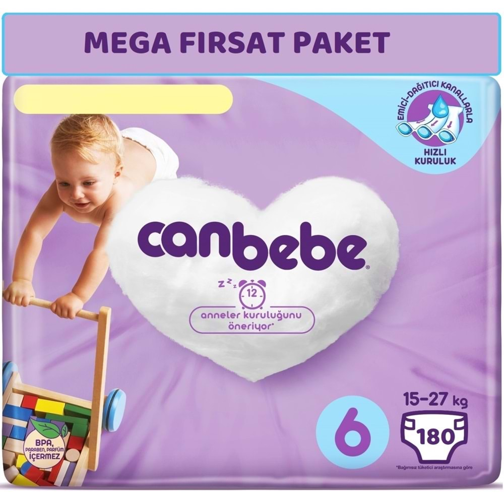 Canbebe Bebek Bezi Beden:6 (15-27Kg) Extra Large 180 Adet Mega Fırsat Pk