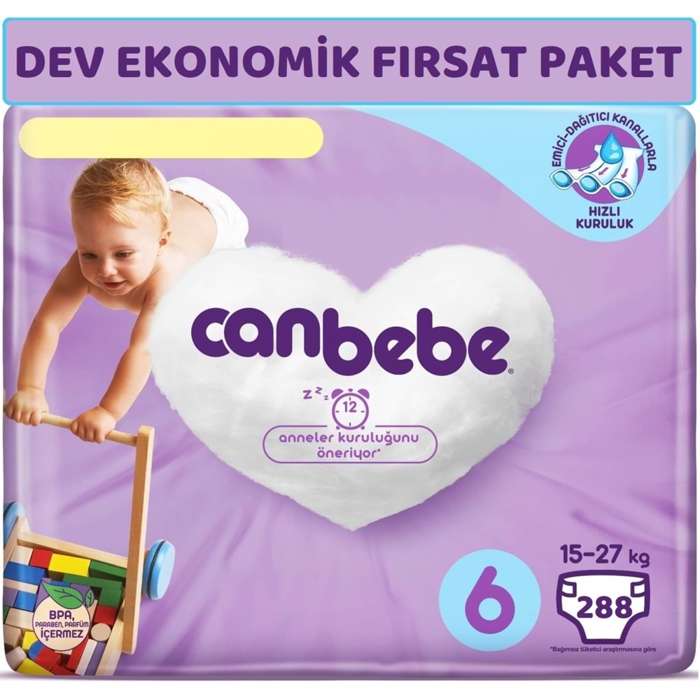 Canbebe Bebek Bezi Beden:6 (15-27Kg) Extra Large 288 Adet Dev Ekonomik Fırsat Pk