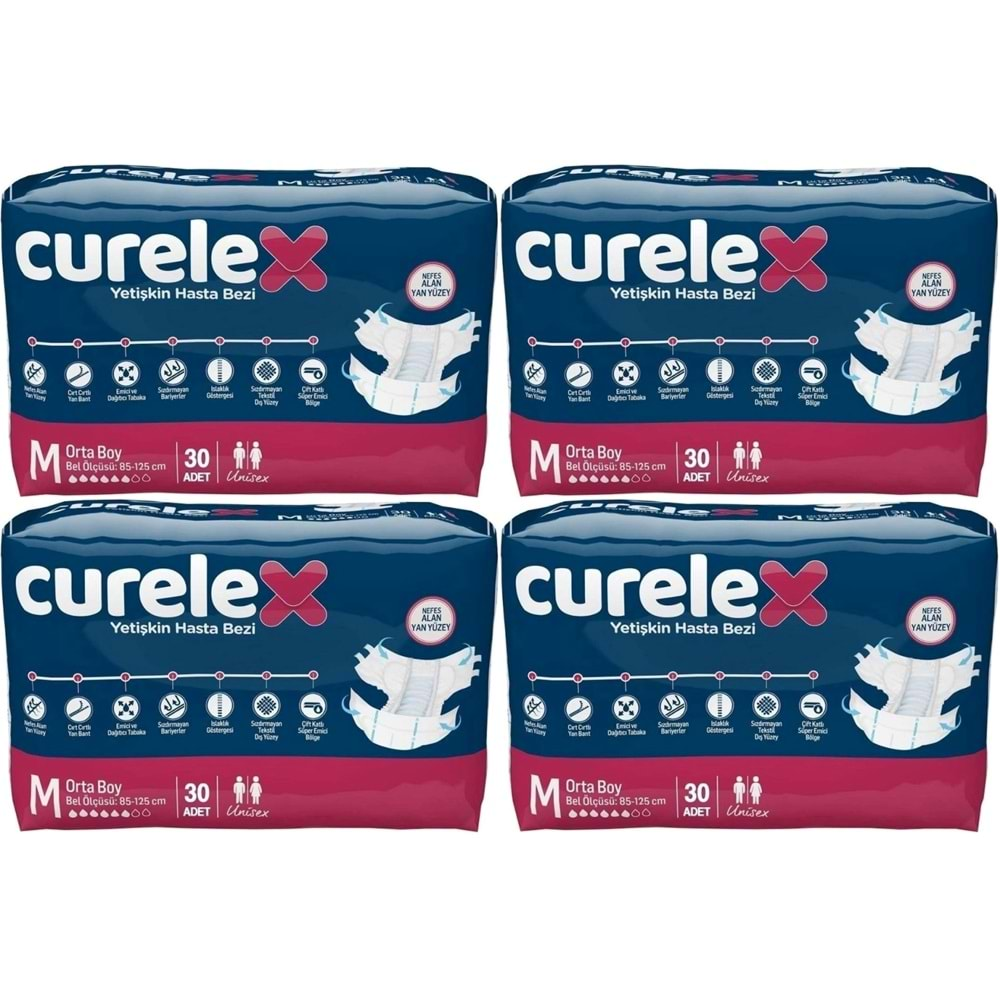 Curelex Hasta Bezi Yetişkin Bel Bantlı Tekstil Yüzey M-Orta Boy 120 Adet Tekli Pk (4PK*30)