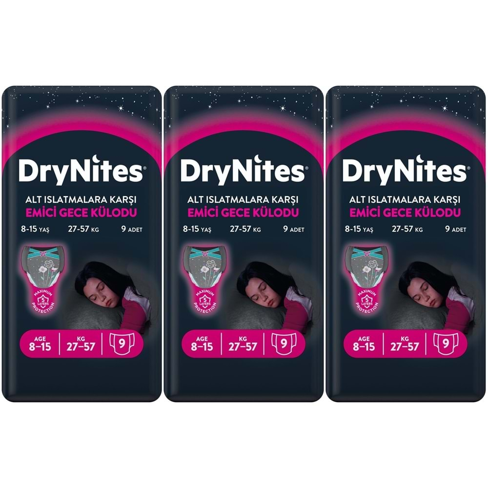 Drynites Emici Gece Külodu/Külot Bez Kız 8-15 Yaş (27-57KG) Large 27 Adet (3PK*9) (Alt Islatmalara Karşı)