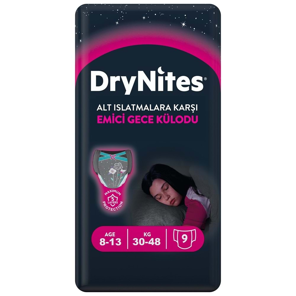 Drynites Emici Gece Külodu/Külot Bez Kız 8-13 Yaş 30-48KG Large 27 Adet 3PK*9 Alt Islatmalara Karşı