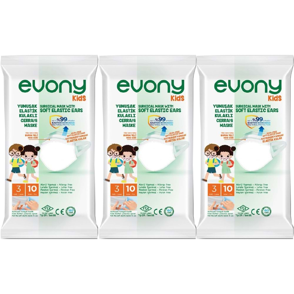 Evony 3 Katlı Filtreli Burun Telli Cerrahi Maske (Kids Çoçuklar İçin) 30 Lu Set (3Pk*10) (Desenli)