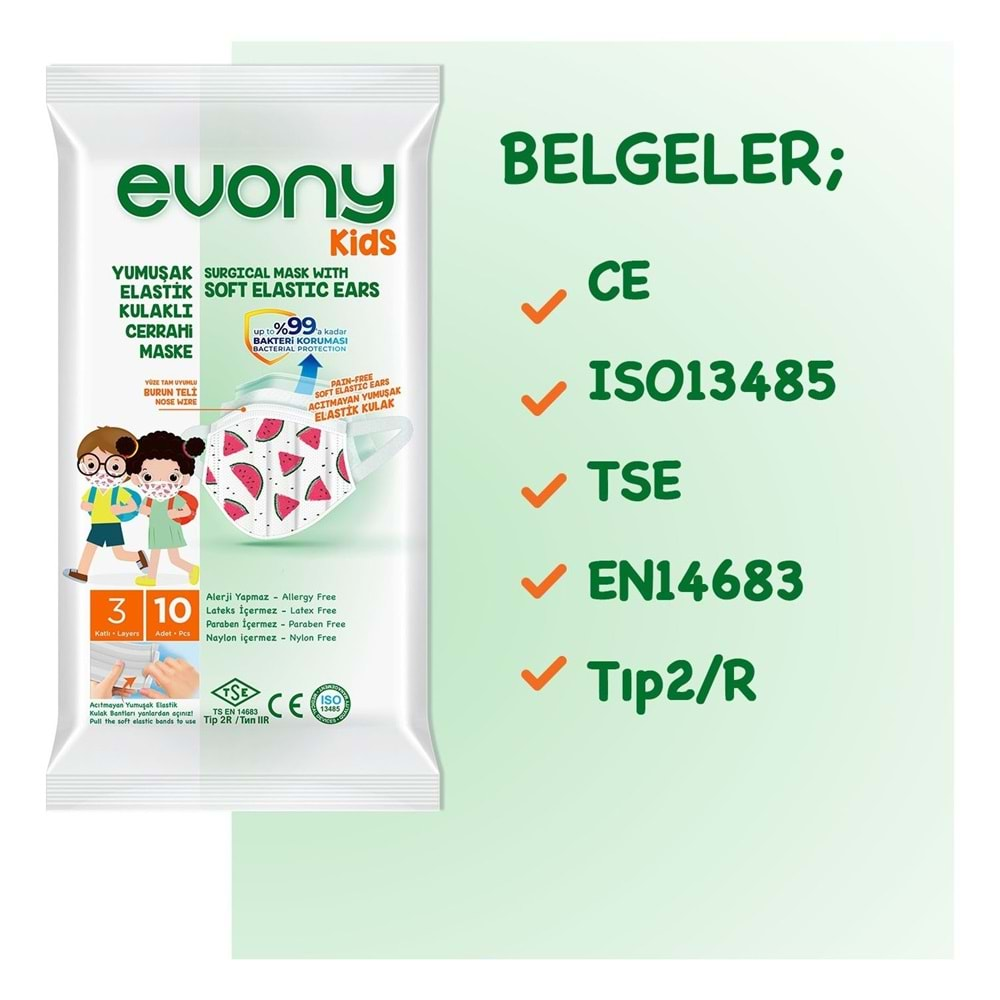 Evony 3 Katlı Filtreli Burun Telli Cerrahi Maske (Kids Çoçuklar İçin) 60 Lı Set (6Pk*10) (Desenli)