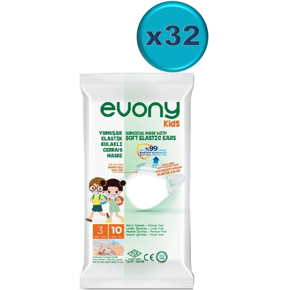 Evony 3 Katlı Filtreli Burun Telli Cerrahi Maske (Kids Çoçuklar İçin) 320 Li Set (32Pk*10) (Desenli)