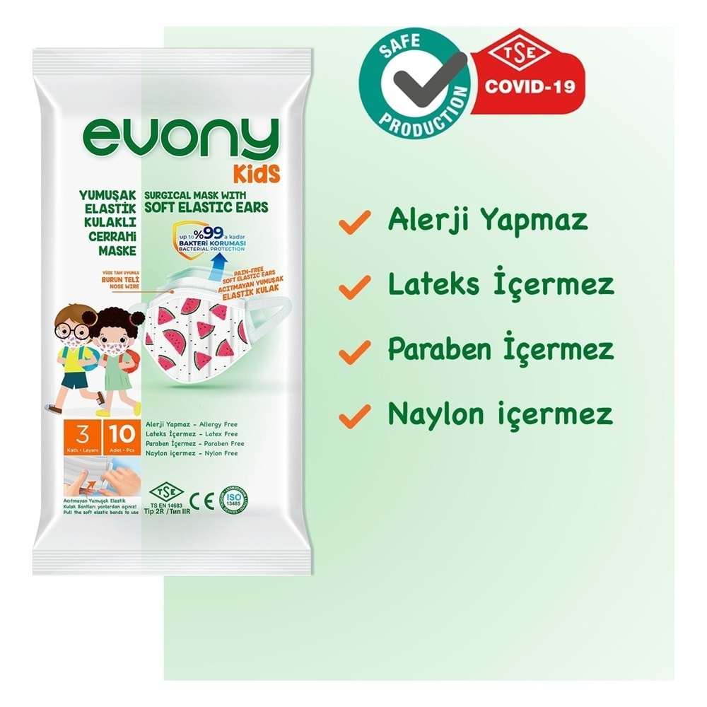 Evony 3 Katlı Filtreli Burun Telli Cerrahi Maske (Kids Çoçuklar İçin) 640 Lı Set (64Pk*10) (Desenli)