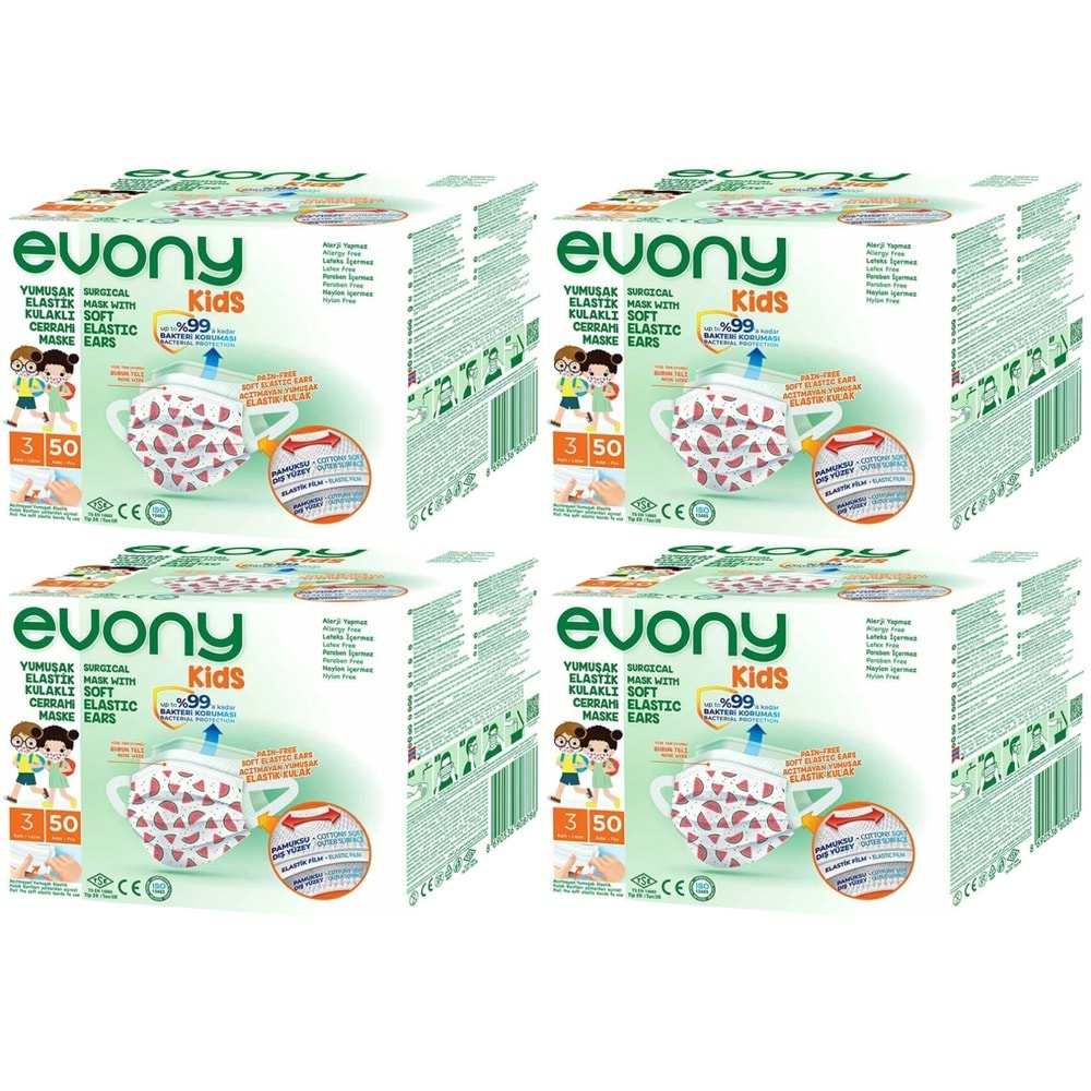 Evony 3 Katlı Filtreli Burun Telli Cerrahi Maske (Kids Çoçuklar İçin) 200 Lü Set (Desenli)