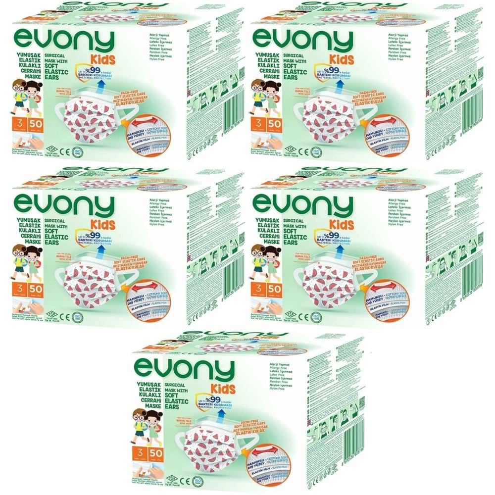 Evony 3 Katlı Filtreli Burun Telli Cerrahi Maske (Kids Çoçuklar İçin) 250 Li Set (Desenli)