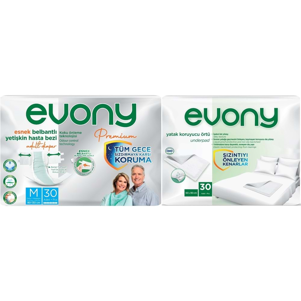 Evony Premium Hasta Bezi Yetişkin Bel Bantlı Tekstil Yüzey Orta 30 Adet+ Yatak Koruyucu Örtü 30 Adet