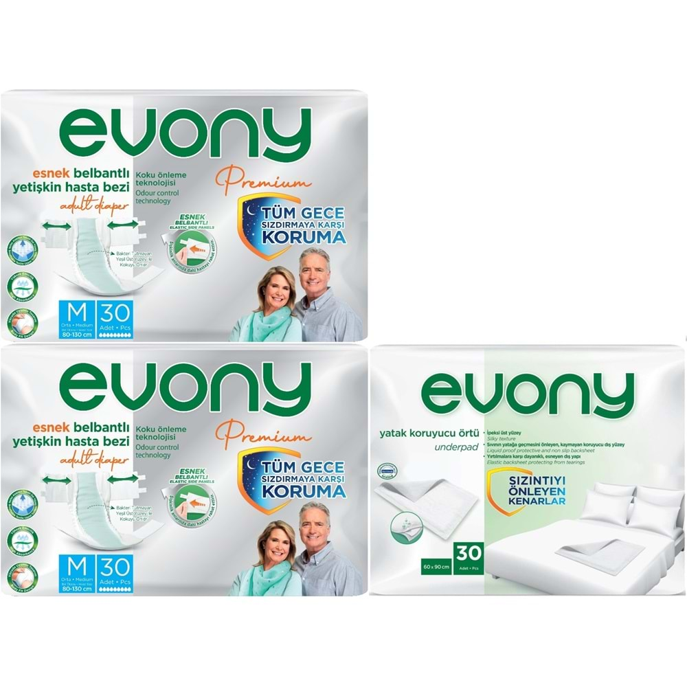 Evony Premium Hasta Bezi Yetişkin Bel Bantlı Tekstil Yüzey Orta 60 Adet+ Yatak Koruyucu Örtü 30 Adet