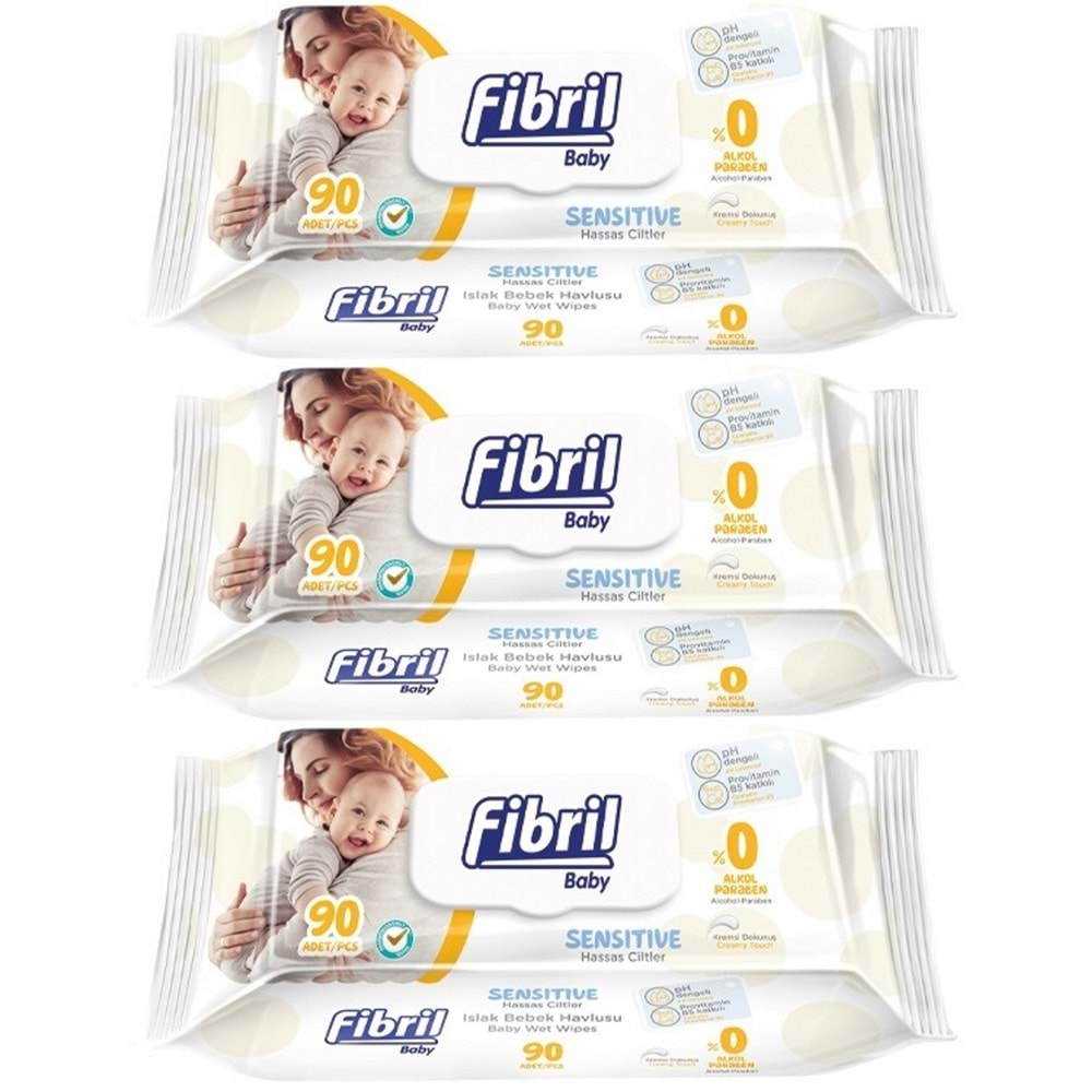 Fibril Islak Havlu Mendil 90 Yaprak Baby Sensitive Plastik Kapaklı (3 Lü Set) 270 Yaprak