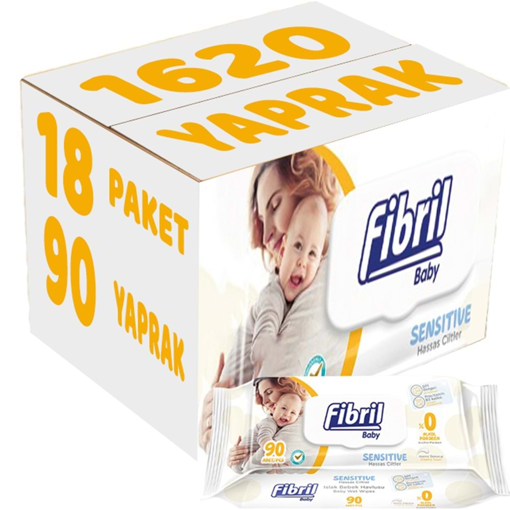 Fibril Islak Havlu Mendil 90 Yaprak Baby Sensitive Plastik Kapaklı (18 Li Set) 1620 Yaprak