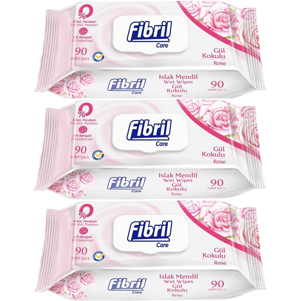 Fibril Islak Havlu Mendil 90 Yaprak Gül Plastik Kapaklı (3 Lü Set) 270 Yaprak