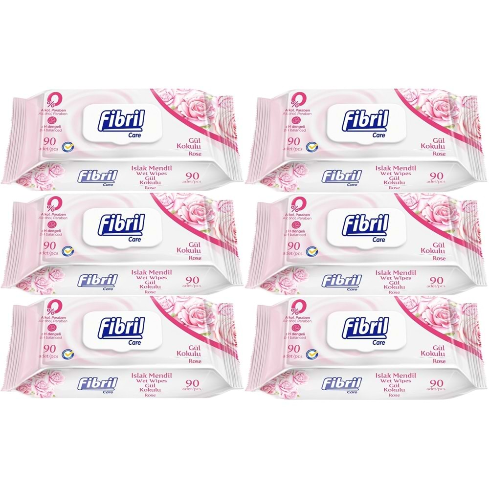 Fibril Islak Havlu Mendil 90 Yaprak Gül Plastik Kapaklı (6 Lı Set) 540 Yaprak