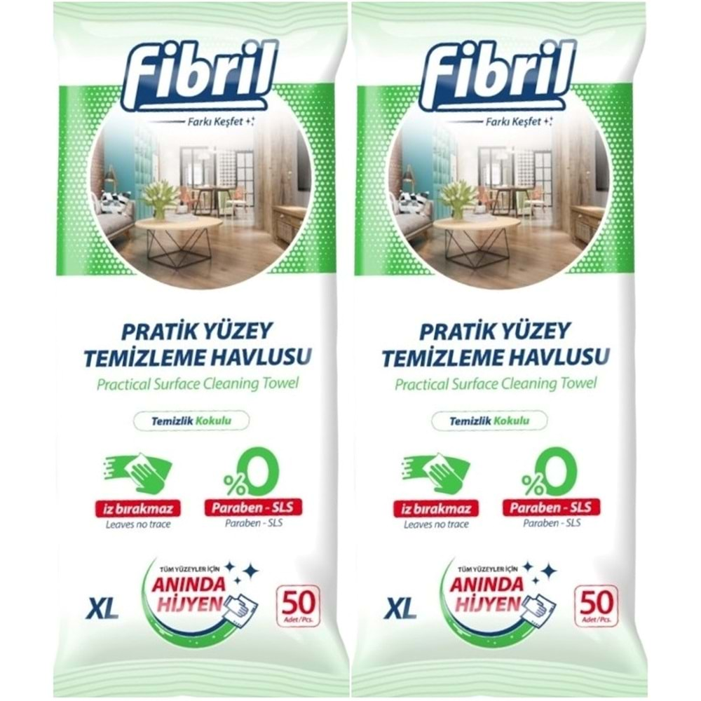 Fibril Yüzey Temizlik Havlusu 50 Yaprak XL Temizlik Kokulu 2 Li Set 100 Yaprak Plastik Kapaklı