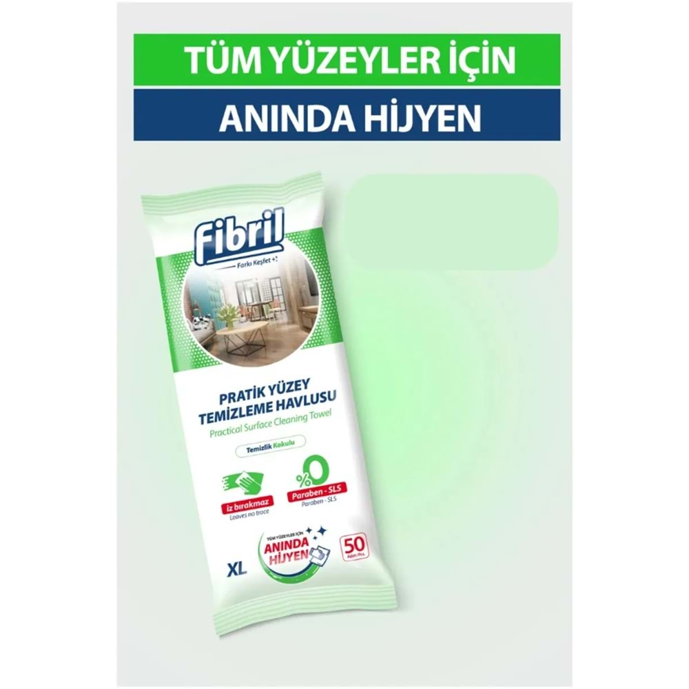 Fibril Yüzey Temizlik Havlusu 50 Yaprak XL Temizlik Kokulu 24 Lü Set 1200 Yaprak Plastik Kapaklı