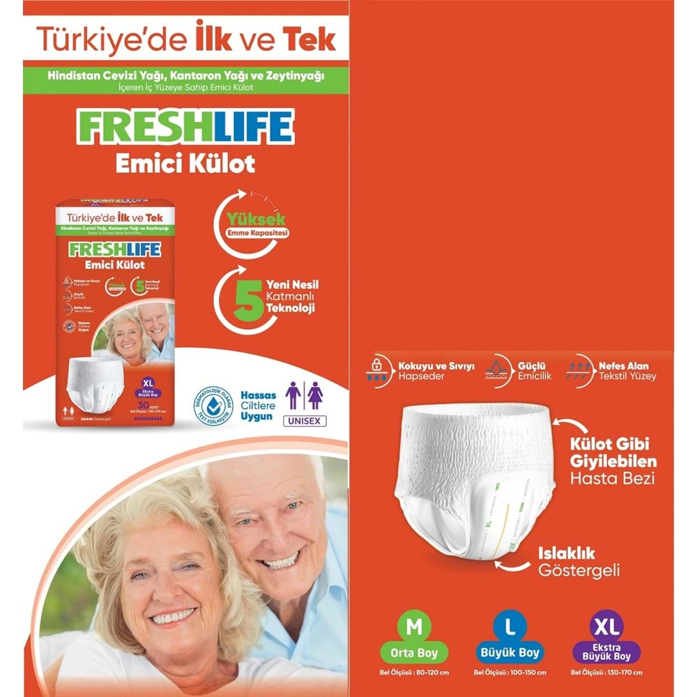 FreshLife Emici Külot Hasta Bezi XL Ekstra Büyük 90 Adet (3PK*30)