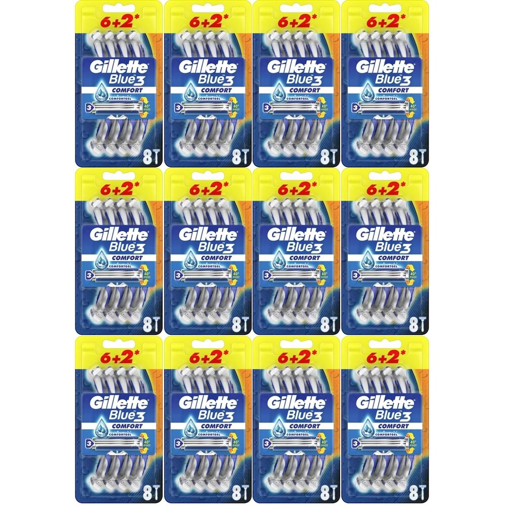 Gillette Blue3 Comfort Kullan At Tıraş Bıçağı (6+2) Toplam 96 Adet (Avantaj Pk) (12 Li Set)