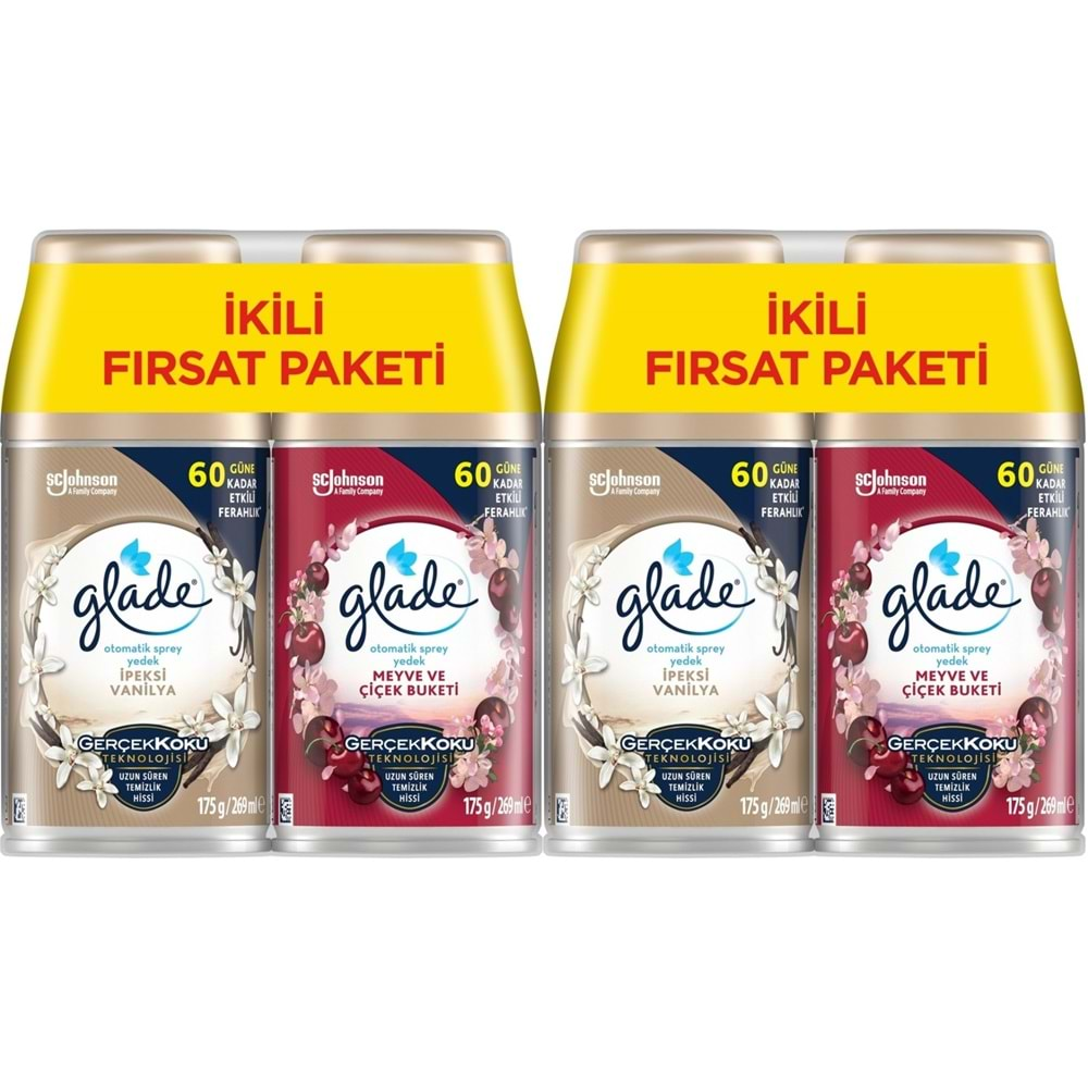 Glade Oda Kokusu Otomatik Sprey Yedek 269ML (4 Lü Set) İpeksi Vanilya ve Meyve Çiçek Buketi (2PK*2)