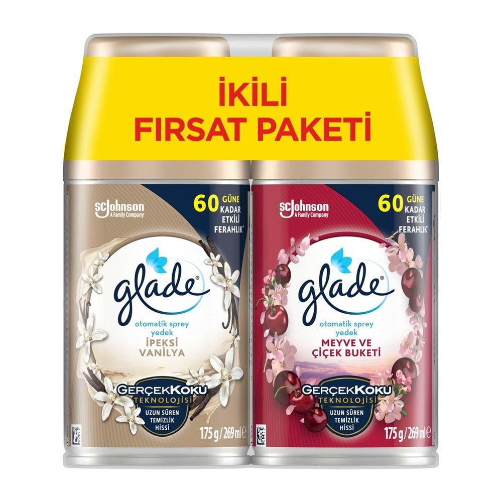 Glade Oda Kokusu Otomatik Sprey Yedek 269ML (4 Lü Set) İpeksi Vanilya ve Meyve Çiçek Buketi (2PK*2)