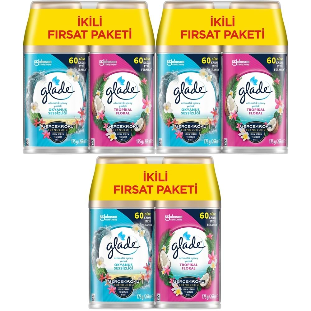 Glade Oda Kokusu Otomatik Sprey Yedek 269ML (6 Lı Set) Okyanus Sessizliği ve Tropikal Floral (3PK*2)