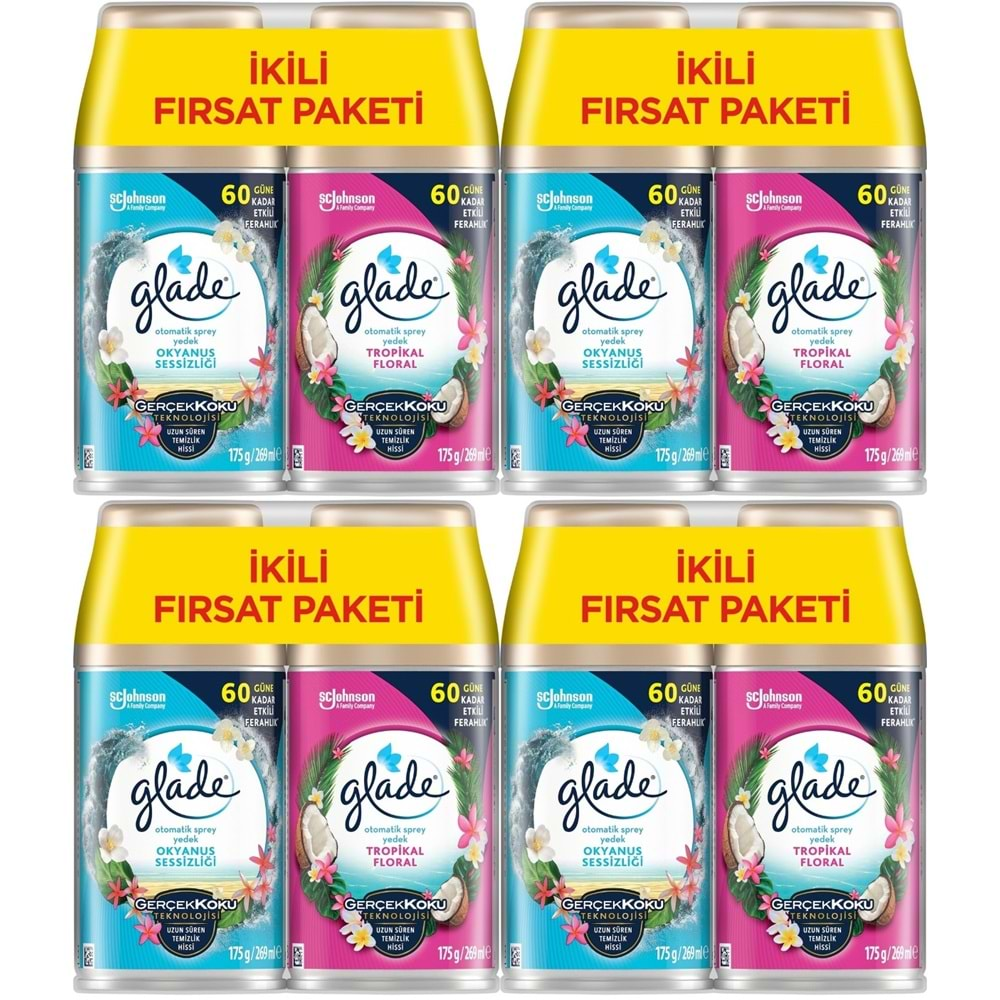 Glade Oda Kokusu Otomatik Sprey Yedek 269ML (8 Li Set) Okyanus Sessizliği ve Tropikal Floral (4PK*2)