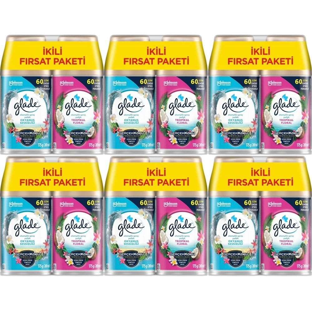 Glade Oda Kokusu Otomatik Sprey Yedek 269ML (12 Li Set) Okyanus Sessizliği ve Tropikal Floral(6PK*2)