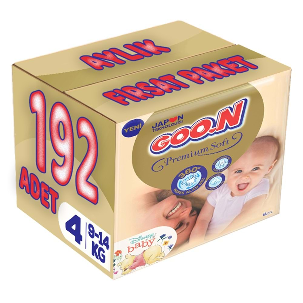 Goon Premium Soft Bebek Bezi Beden:4 (9-14Kg) Maxi 192 Adet Aylık Fırsat Pk