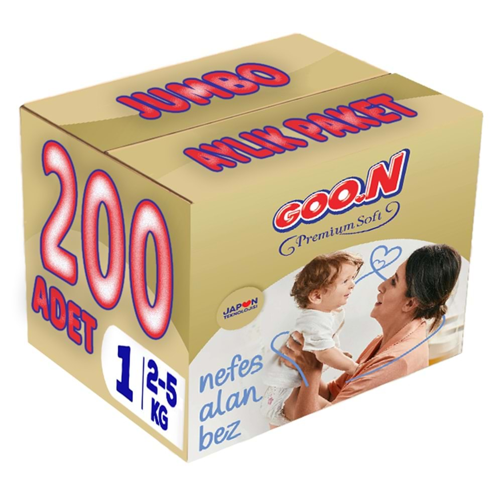 Goon Premium Soft Bebek Bezi Beden:1 (2-5Kg) Yeni Doğan 200 Adet Jumbo Aylık Pk