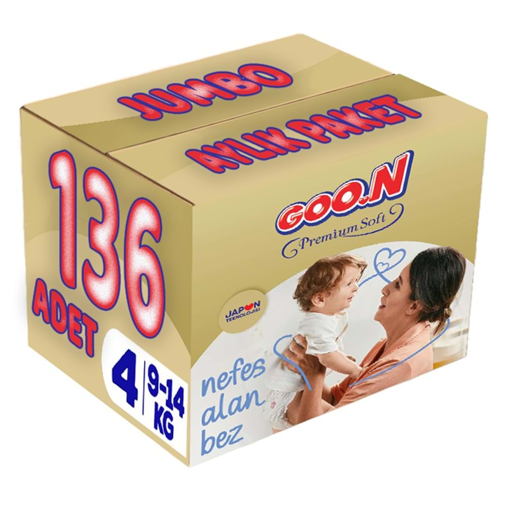 Goon Premium Soft Bebek Bezi Beden:4 (9-14Kg) Maxi 136 Adet Jumbo Aylık Pk