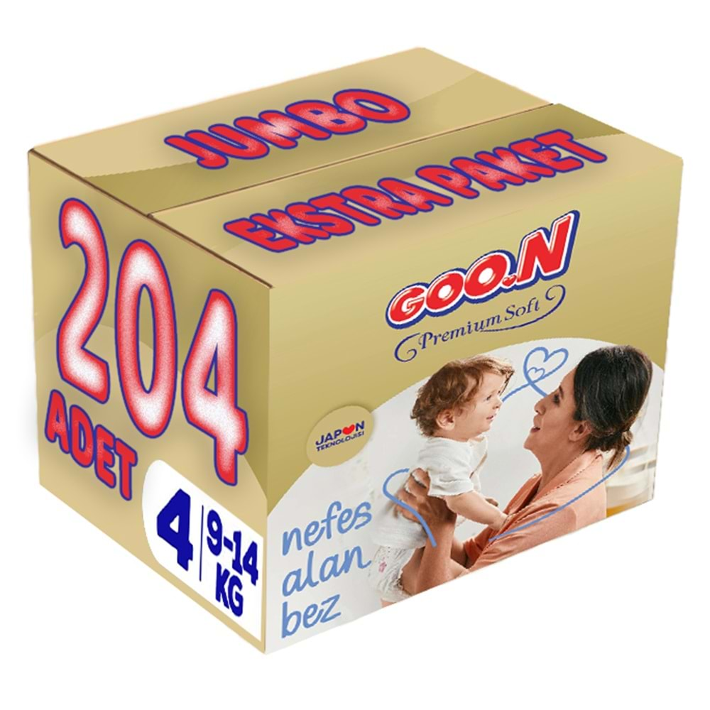 Goon Premium Soft Bebek Bezi Beden:4 (9-14Kg) Maxi 204 Adet Jumbo Ekstra Pk