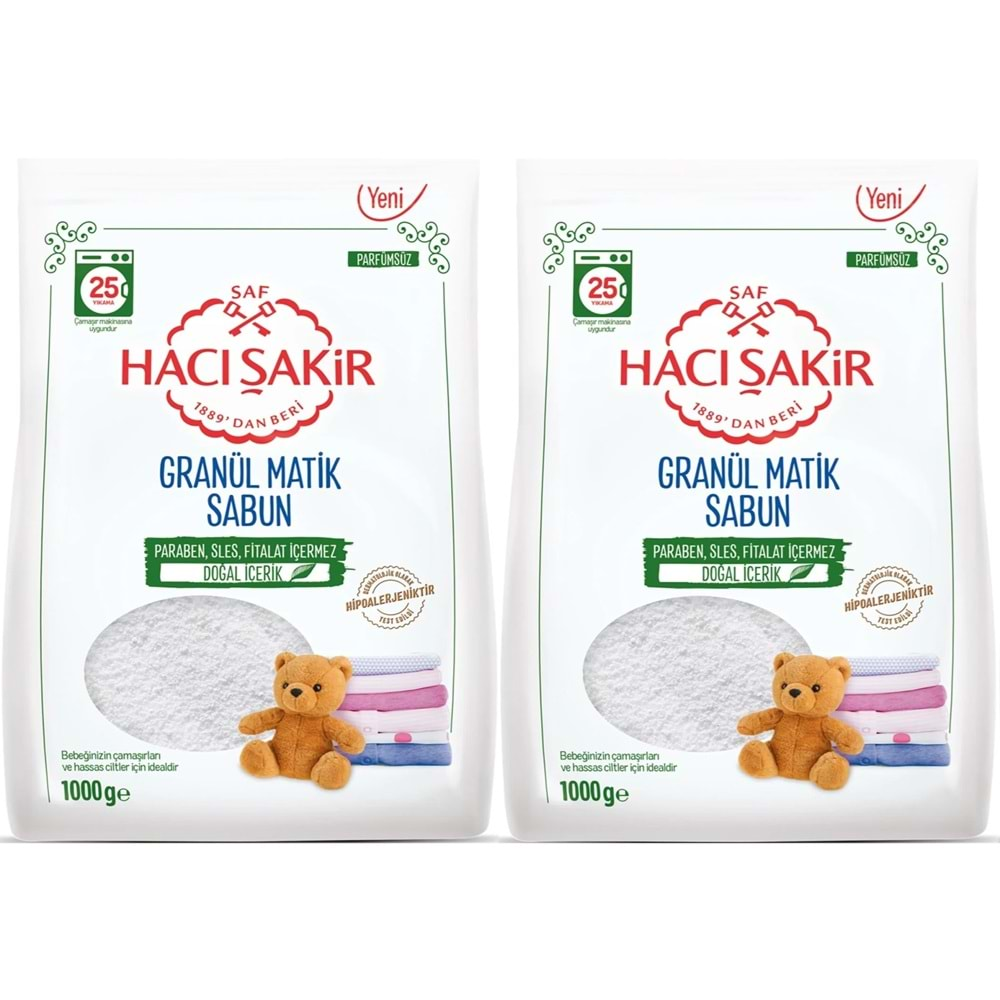 Hacı Şakir Sabun Tozu Granül Matik 2KG Parfümsüz (Bebekler/Hassas Ciltler İçin) 50 Yıkama (2PK*1KG)