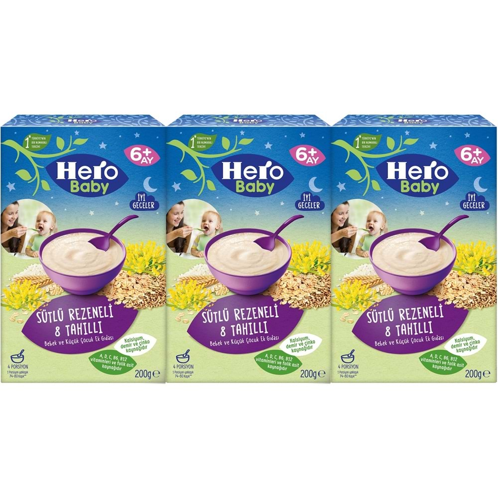 Hero Baby Kaşık Maması 200GR Gece Sütlü Rezeneli 8 Tahıllı 3 Lü Set