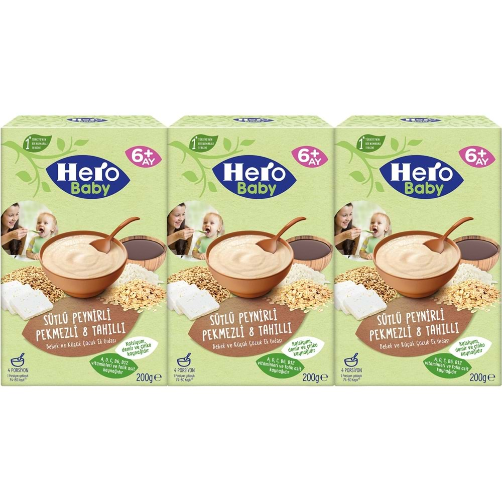 Hero Baby Kaşık Maması 200GR Sütlü Peynirli Pekmezli 8 Tahıllı 3 Lü Set