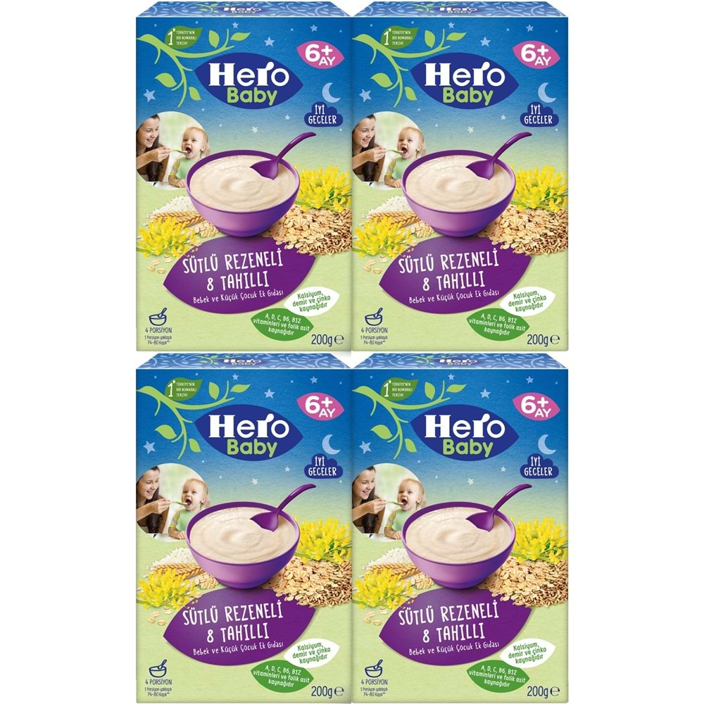 Hero Baby Kaşık Maması 200GR Gece Sütlü Rezeneli 8 Tahıllı 4 Lü Set