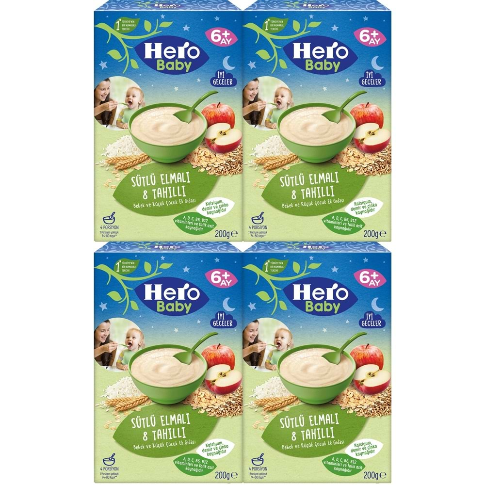 Hero Baby Kaşık Maması 200GR Gece Sütlü Elmalı 8 Tahıllı 4 Lü Set