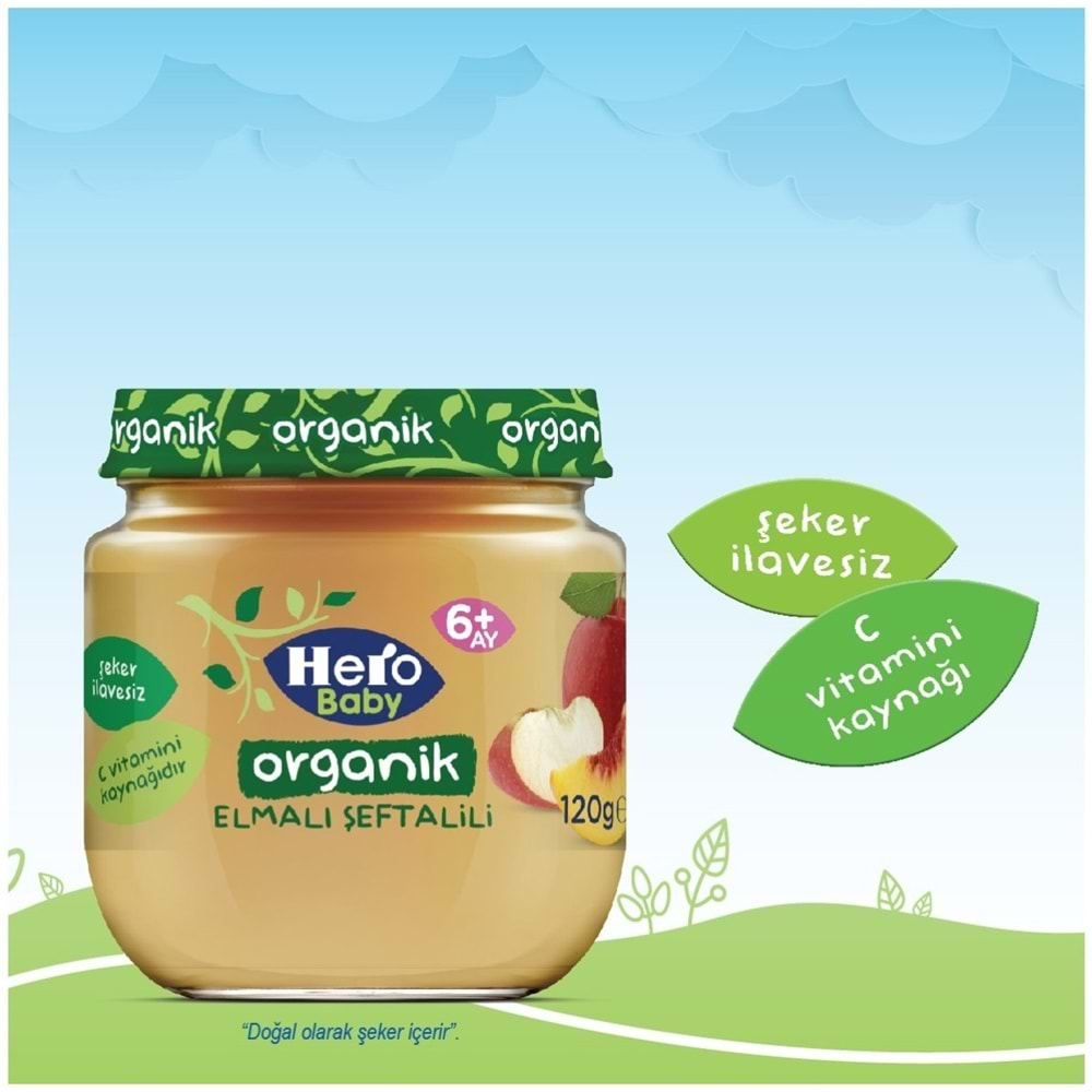 Hero Baby Kavanoz Maması 120GR Organik Elmalı Şeftalili (12 Li Set)