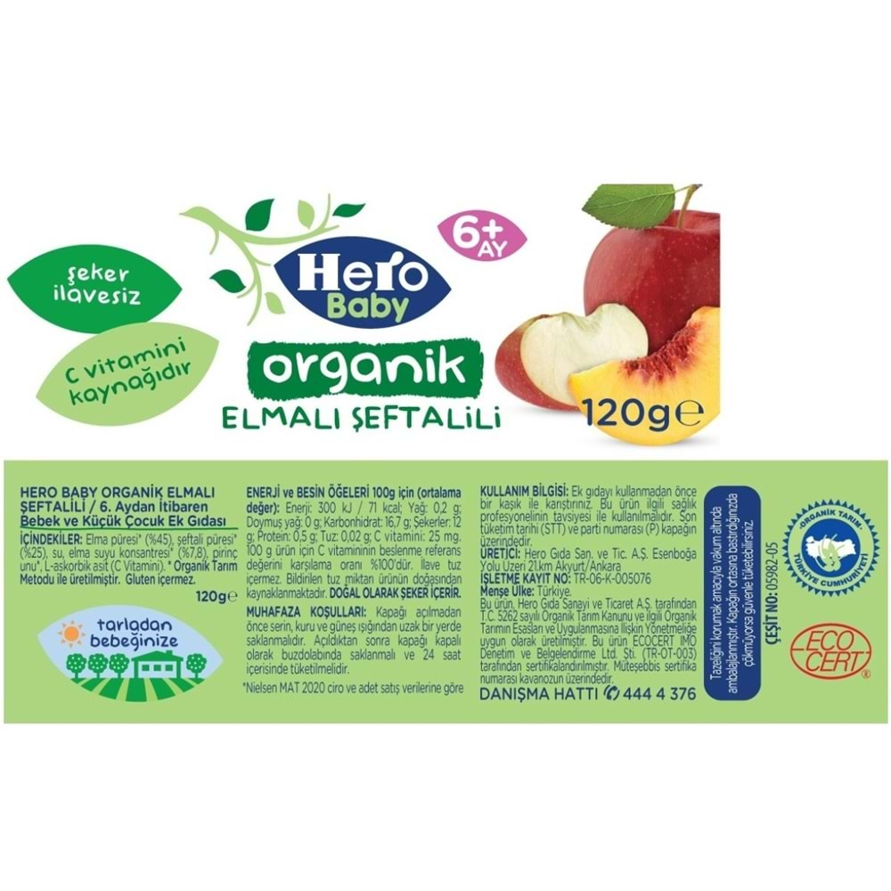 Hero Baby Kavanoz Maması 120GR Organik Elmalı Şeftalili (12 Li Set)