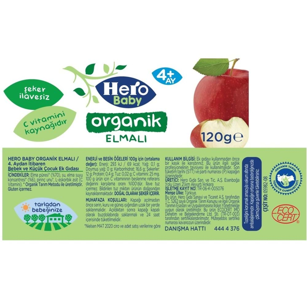 Hero Baby Kavanoz Maması 120GR Organik Elmalı (3 Lü Set)