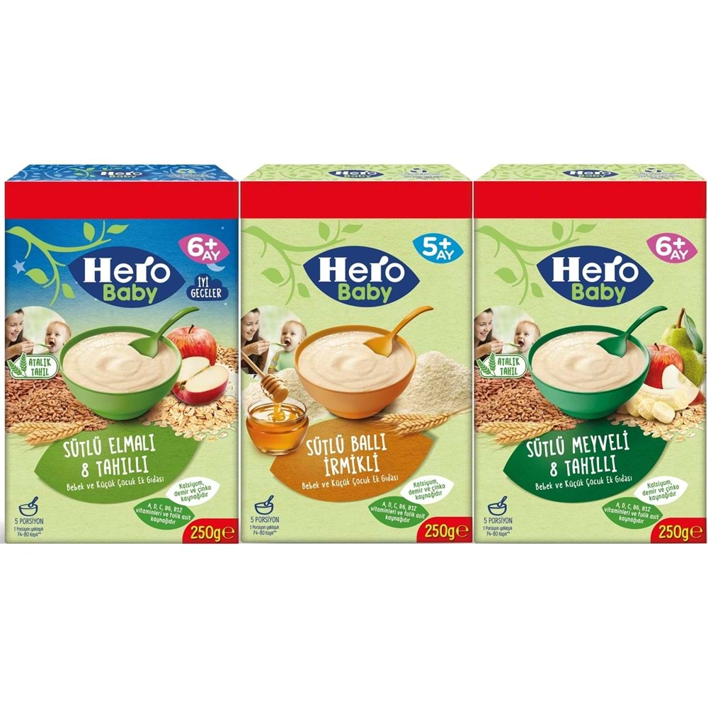 Hero Baby Kaşık Maması 250GR (Karma 3 Lü Set) Sütlü Meyveli - Elmalı 8 Tahıllı - Ballı İrmikli