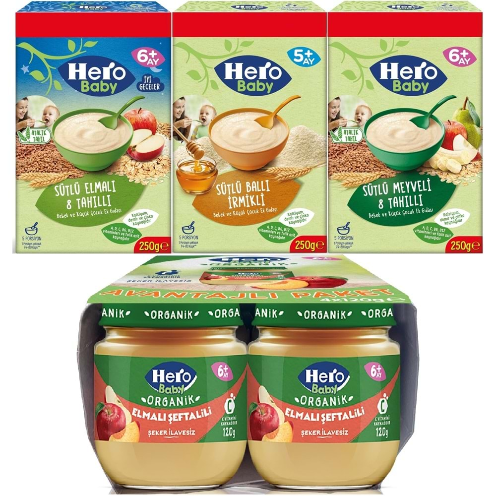 Hero Baby Kaşık Maması 250GR Sütlü Meyveli - Elmalı 8 Tahıllı - Ballı İrmikli +4 Adet Kavanoz Maması