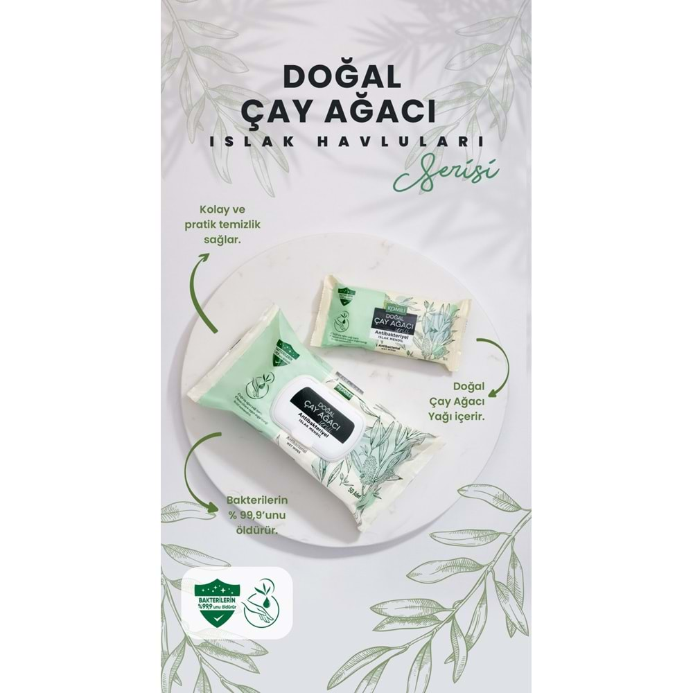 Komili Islak Havlu Mendil 50 Yaprak (6 Lı Set) Çay Ağacı Serisi Antibakteriyel (300 Yaprak)