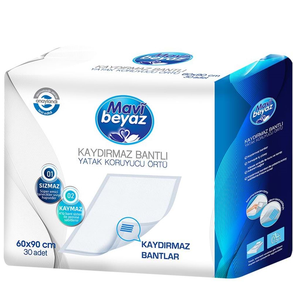 Mavi Beyaz Hasta Alt Açma Yatak Koruyucu Örtü 60*90CM 120 Adet (4Pk*30) Kaydırmaz Bantlı