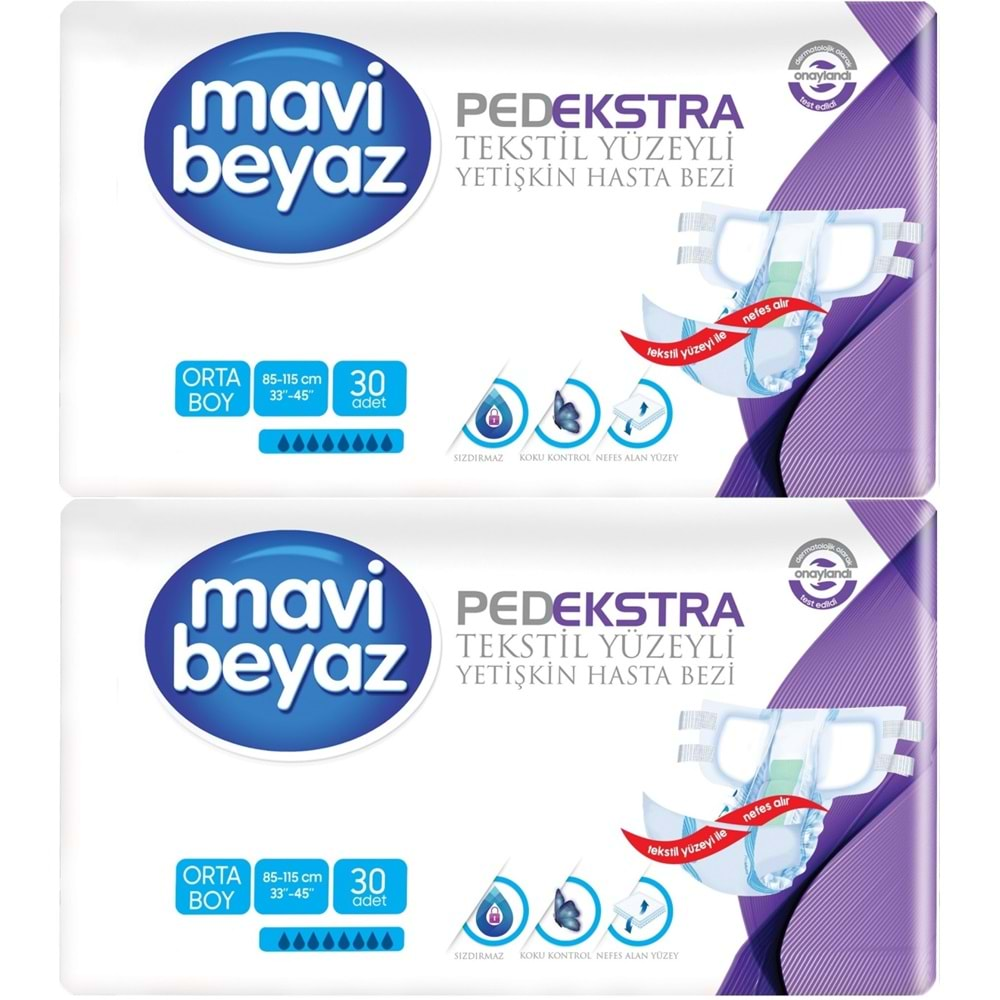 Mavi Beyaz Ped Ekstra Tekstil Yüzeyli Yetişkin Bel Bantlı Hasta Bezi Medium Orta 60 Adet