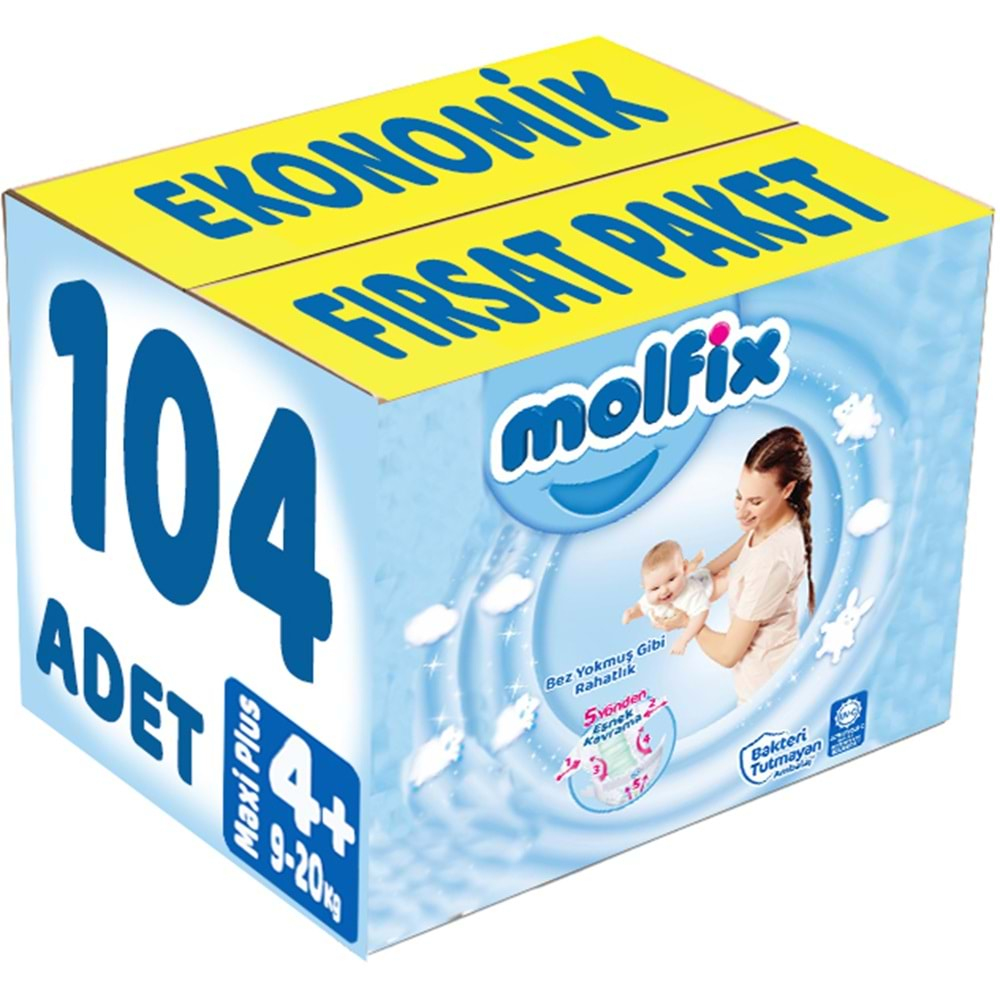 Molfix Bebek Bezi Beden:4+ (9-20Kg) Maxi Plus 104 Adet Ekonomik Fırsat Pk