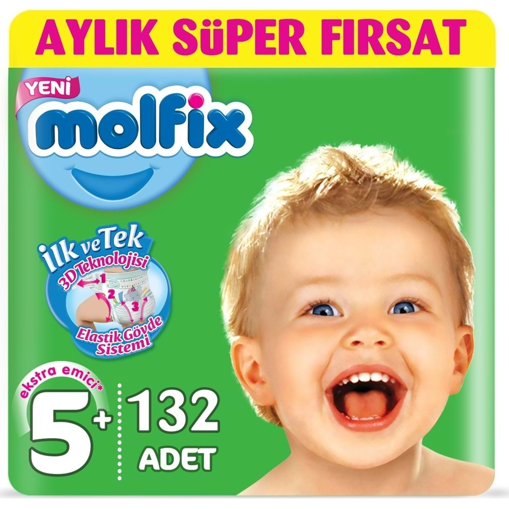 Molfix Bebek Bezi Beden:5+ (13-20Kg) 132 Adet Aylık Fırsat Pk + 9 Adet Islak Havlu