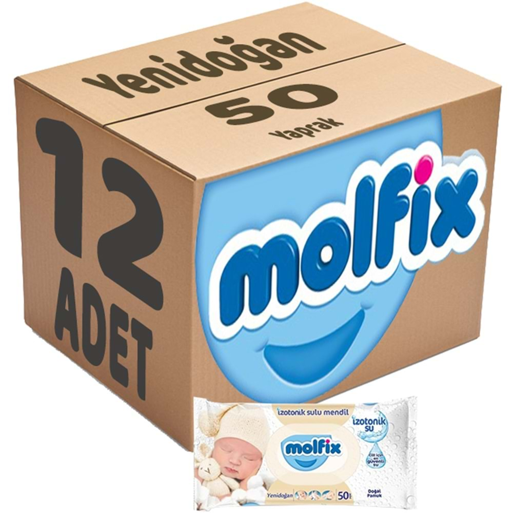 Molfix Islak Havlu Mendil İzotonik Yeni Doğan 12 Li Set 50 Yaprak Pamuklu Plastik Kapaklı