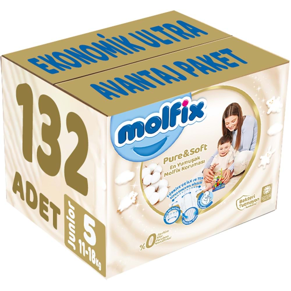 Molfix Pure&Soft Bebek Bezi Beden:5 (11-18Kg) Junior 132 Adet Ekonomik Ultra Avantaj Pk